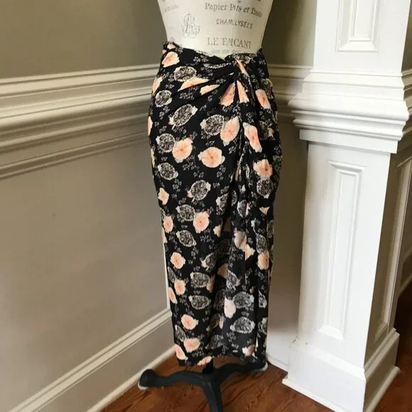 Ulla Johnson Paz Cover Up Sarong Skirt Womens OS Black Pink Floral Print Cotton - Picture 3 of 11